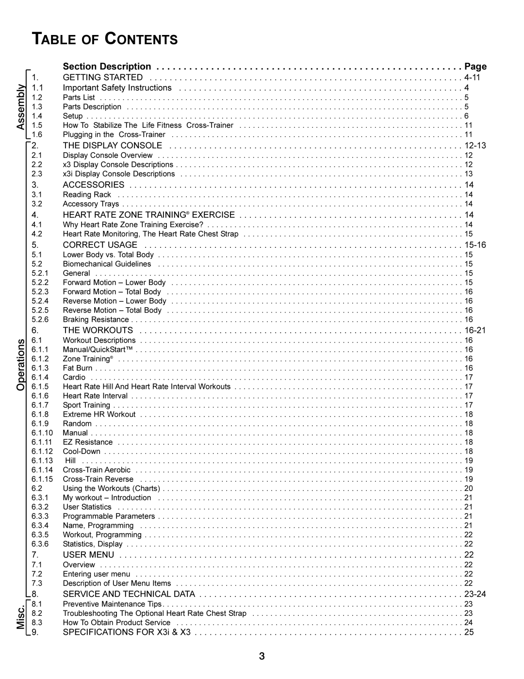 Life Fitness x3i operation manual Table of Contents 