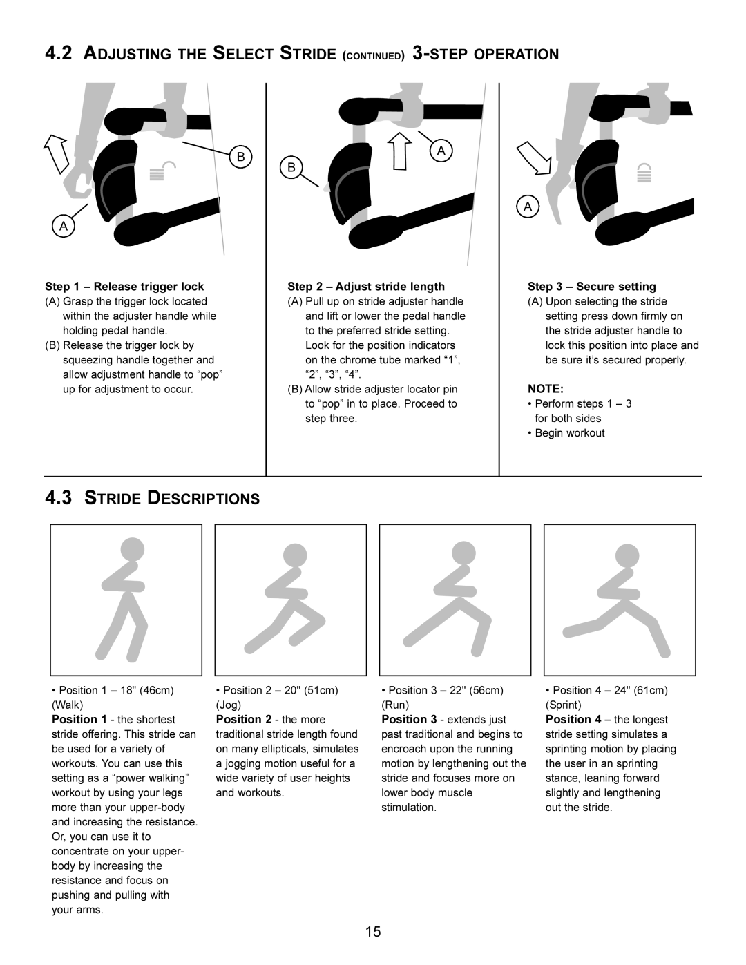 Life Fitness X5 Adjusting the Select Stride 3-STEP Operation, Stride Descriptions, Release trigger lock, Secure setting 