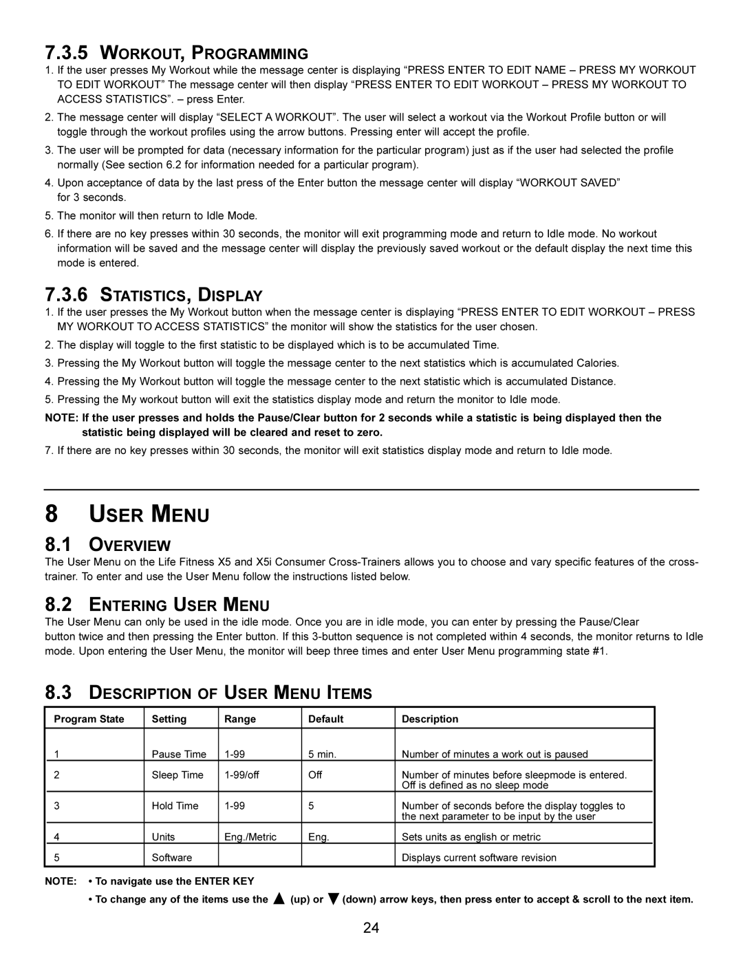 Life Fitness X5i operation manual User Menu 