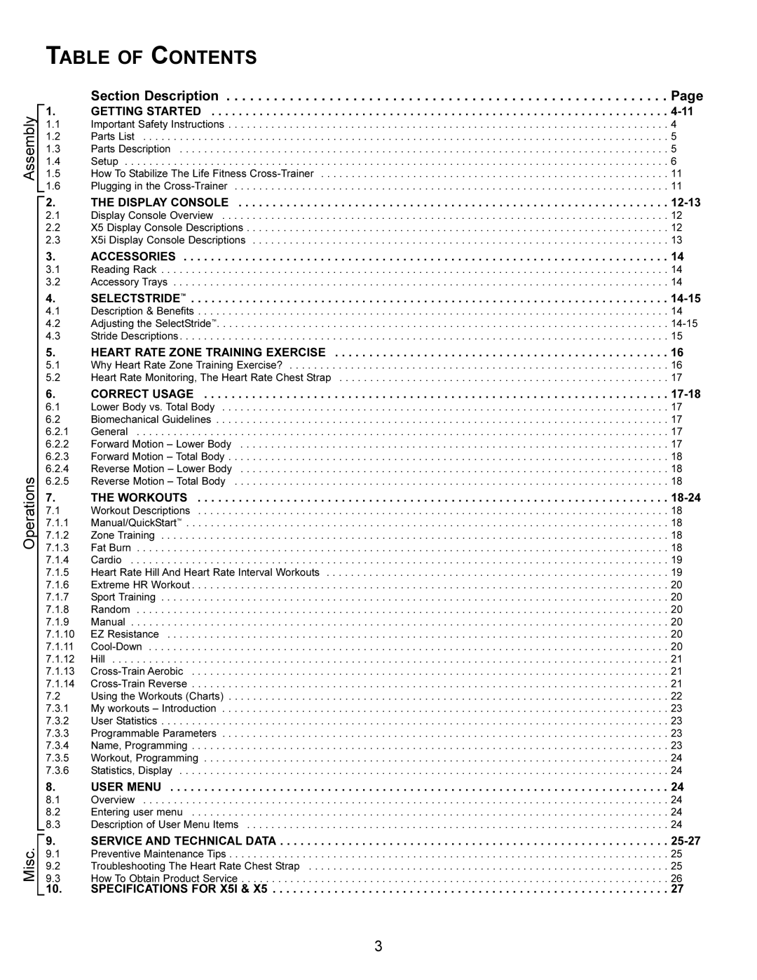 Life Fitness X5i operation manual Table of Contents 