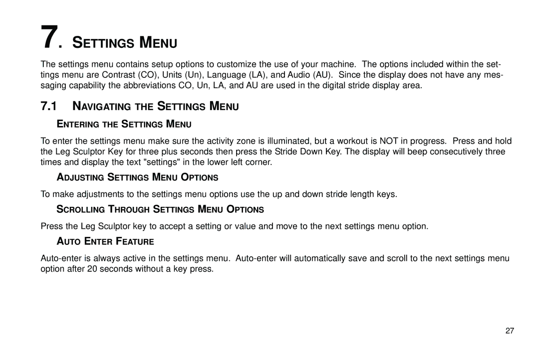 Life Fitness X7 specifications Navigating the Settings Menu 