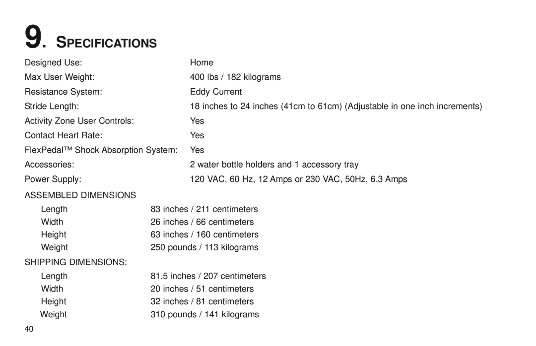 Life Fitness X7 specifications Specifications, Assembled Dimensions 