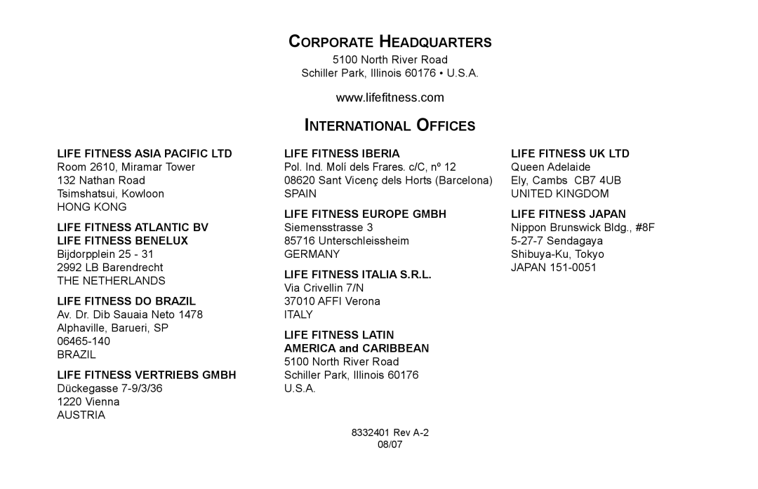 Life Fitness X7 manual Corporate Headquarters, International Offices 