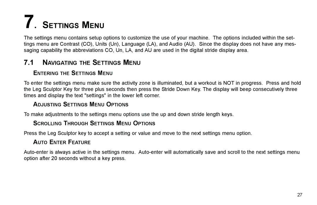 Life Fitness X7 manual Navigating the Settings Menu 