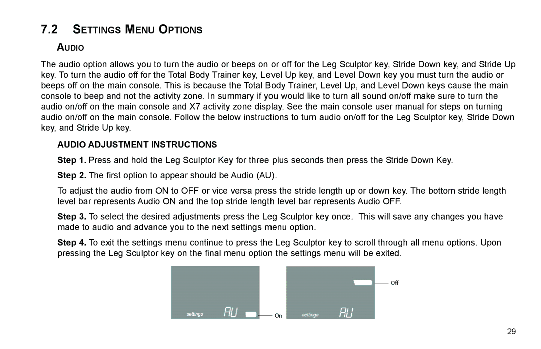 Life Fitness X7 manual Settings Menu Options, Audio Adjustment Instructions 