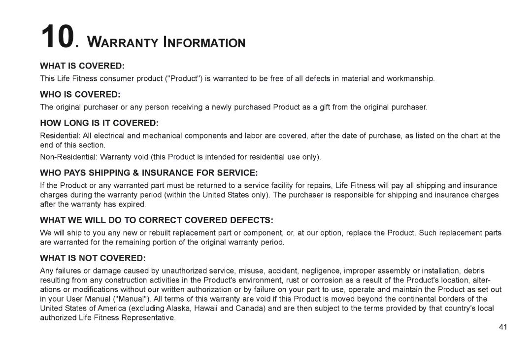 Life Fitness X7 manual Warranty Information 