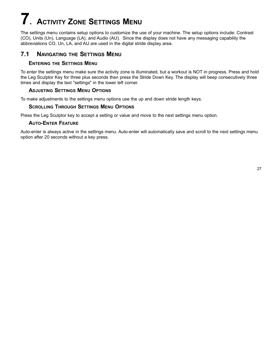 Life Fitness X8 manual Activity Zone Settings Menu, Navigating the Settings Menu 