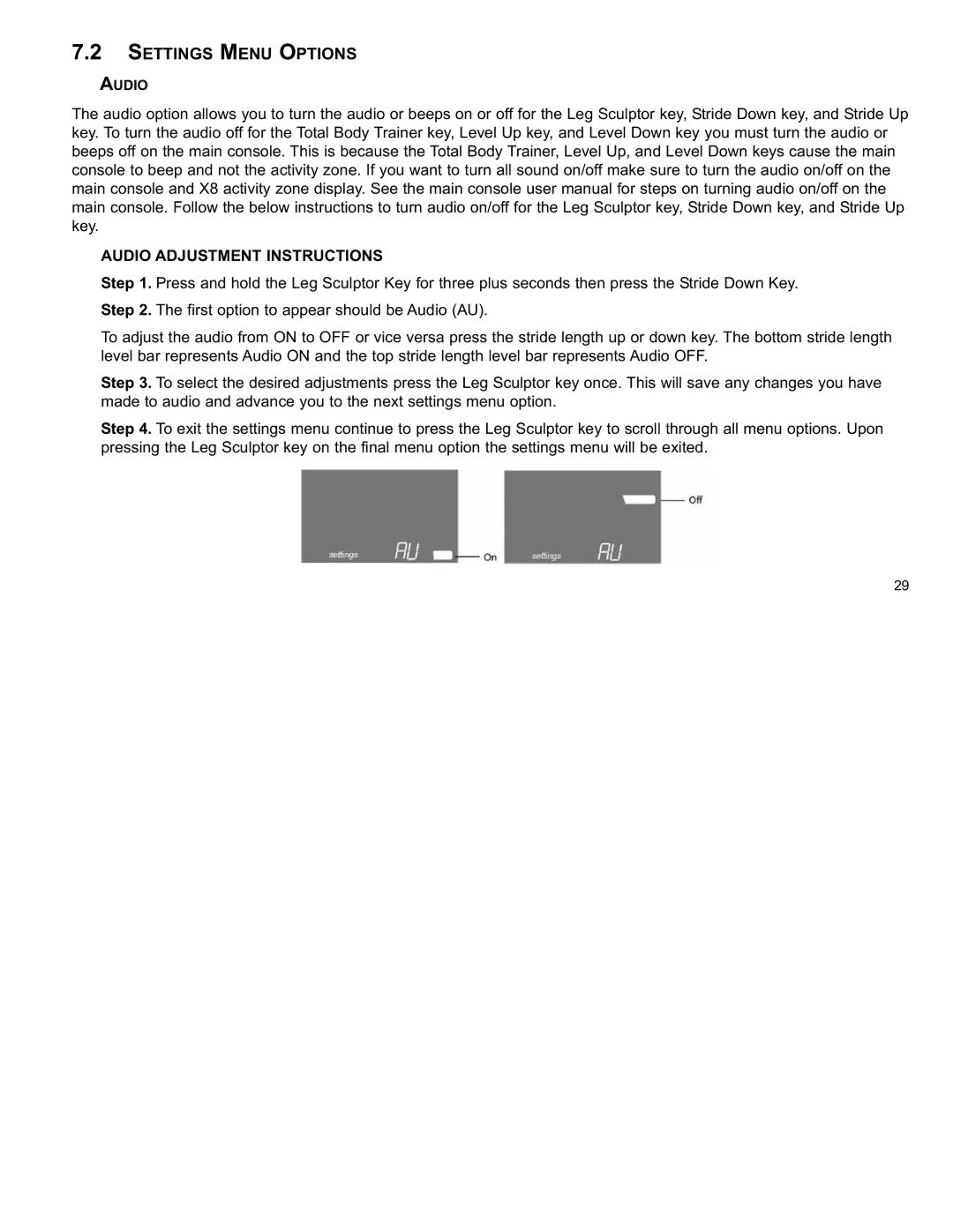 Life Fitness X8 manual Settings Menu Options, Audio Adjustment Instructions 