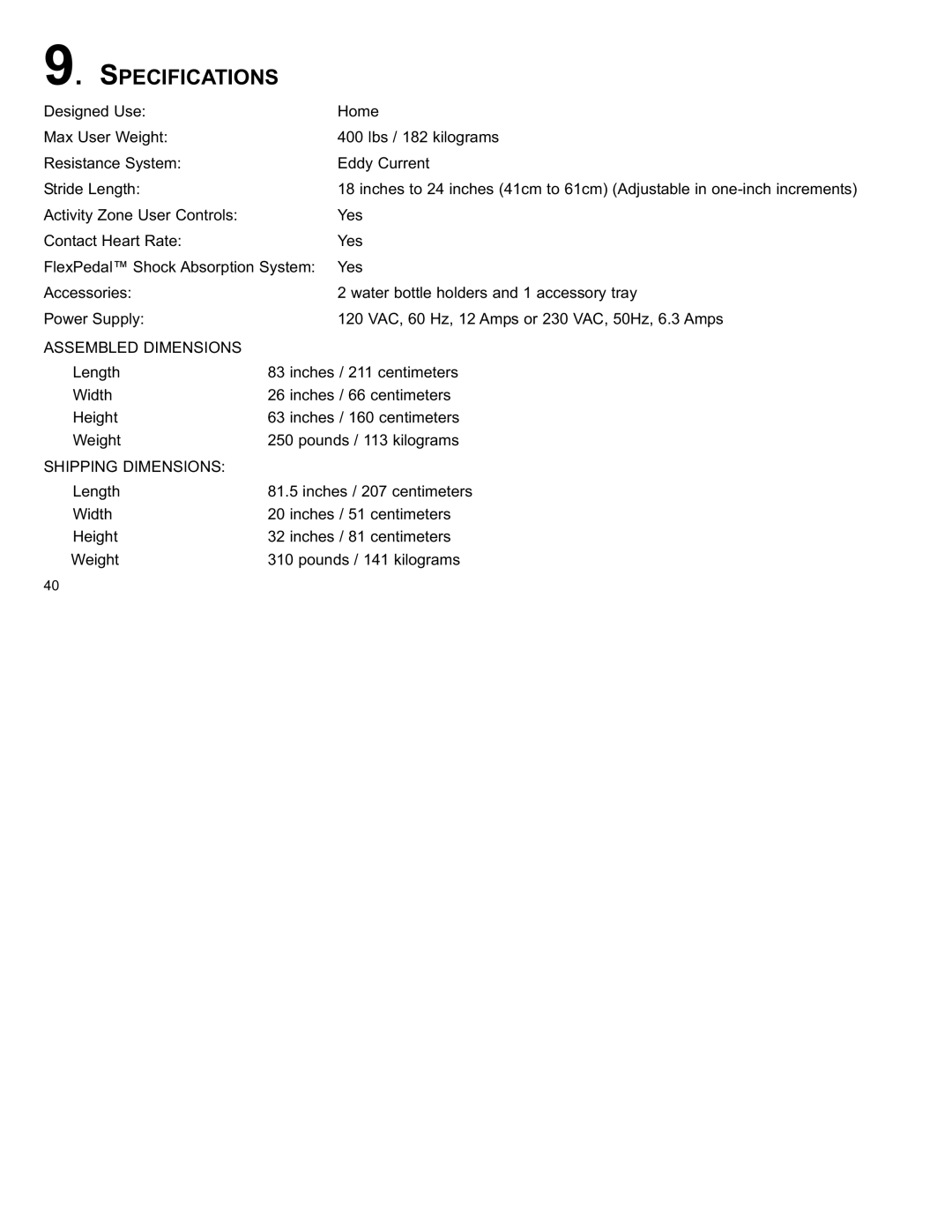 Life Fitness X8 manual Specifications, Assembled Dimensions 