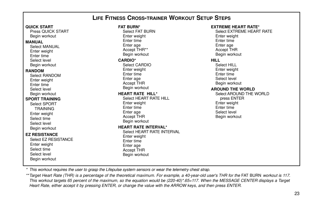 Life Fitness X9 user manual Life Fitness CROSS-TRAINER Workout Setup Steps, Cardio 