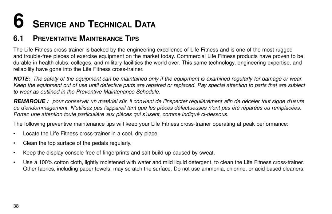 Life Fitness X9 user manual Service and Technical Data, Preventative Maintenance Tips 