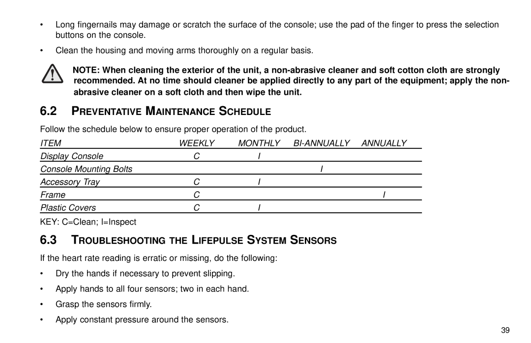 Life Fitness X9 user manual Preventative Maintenance Schedule, Troubleshooting the Lifepulse System Sensors 