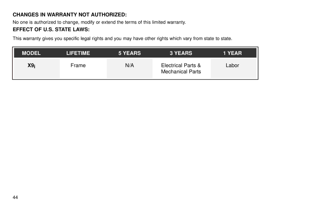 Life Fitness X9 user manual Model Lifetime Years 