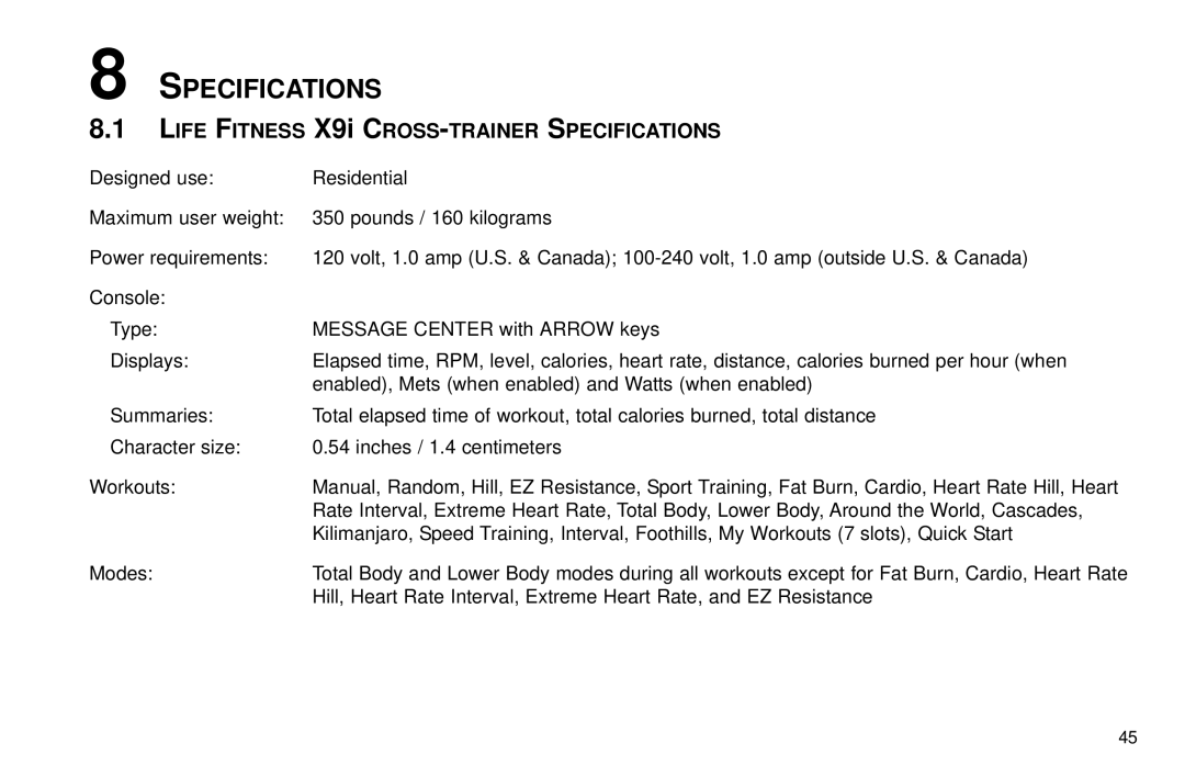 Life Fitness user manual Life Fitness X9i CROSS-TRAINER Specifications 