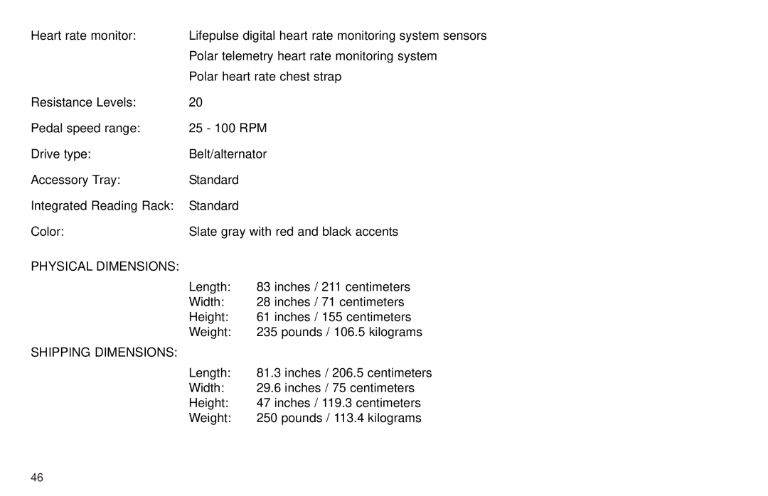 Life Fitness X9 user manual Physical Dimensions 