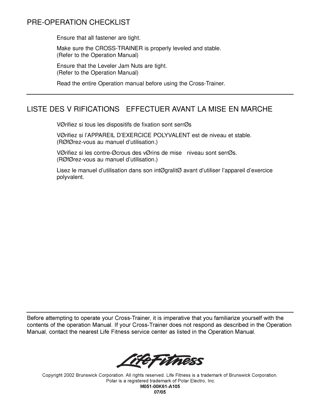 Life Fitness X9i manual PRE-OPERATION Checklist 