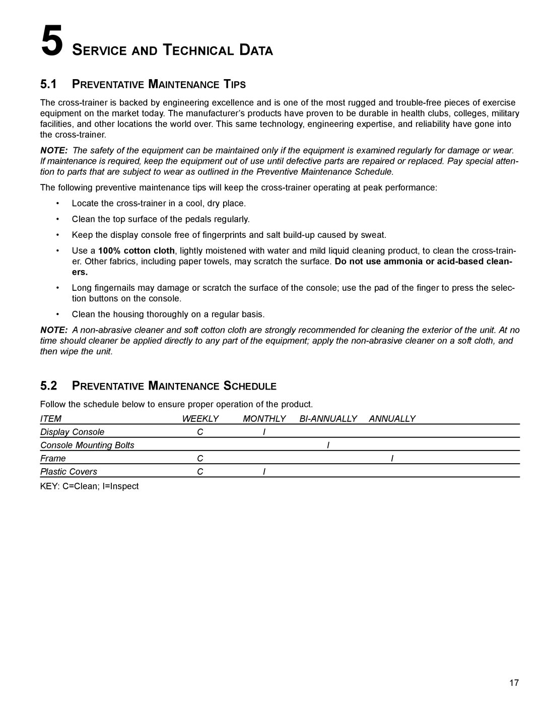 Life Fitness XT4 user manual Service and Technical Data, Preventative Maintenance Tips, Preventative Maintenance Schedule 