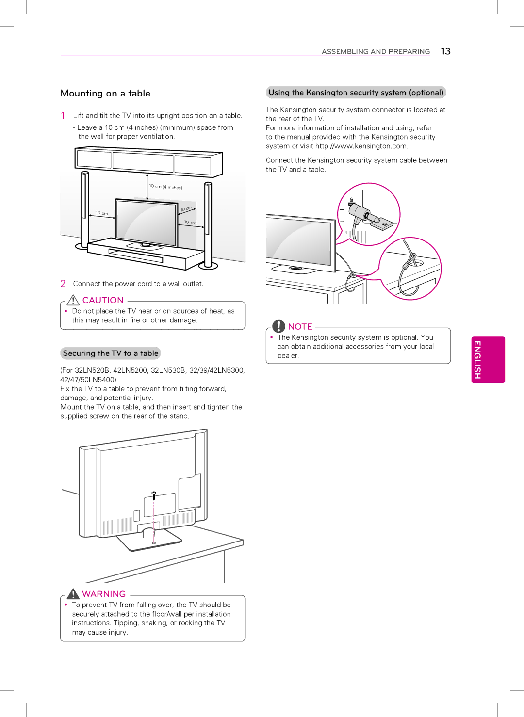 Life is good 55LN5400 manual Mounting on a table, Securing the TV to a table, Using the Kensington security system optional 