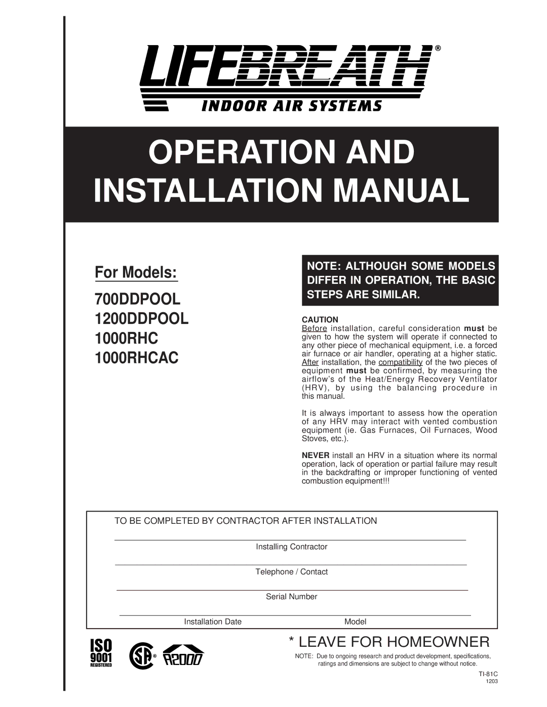 Lifebreath 1200DDPOOL, 1000RHCAC, 700DDPOOL installation manual For Models 