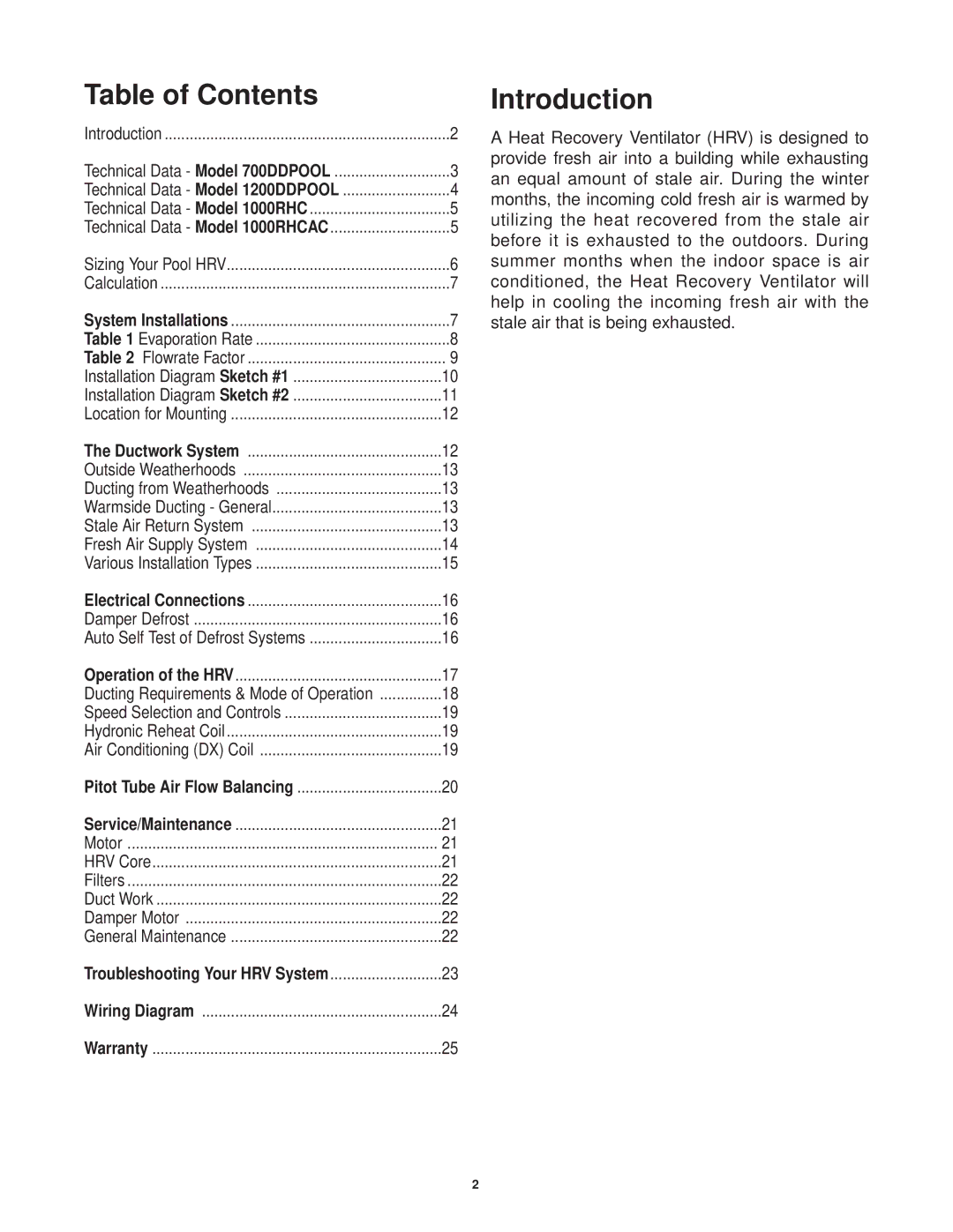 Lifebreath 700DDPOOL, 1000RHCAC, 1200DDPOOL installation manual Table of Contents, Introduction 