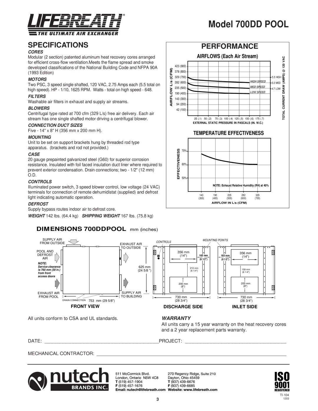 Lifebreath 1000RHCAC, 1200DDPOOL, 700DDPOOL installation manual Model 700DD Pool, Performance 