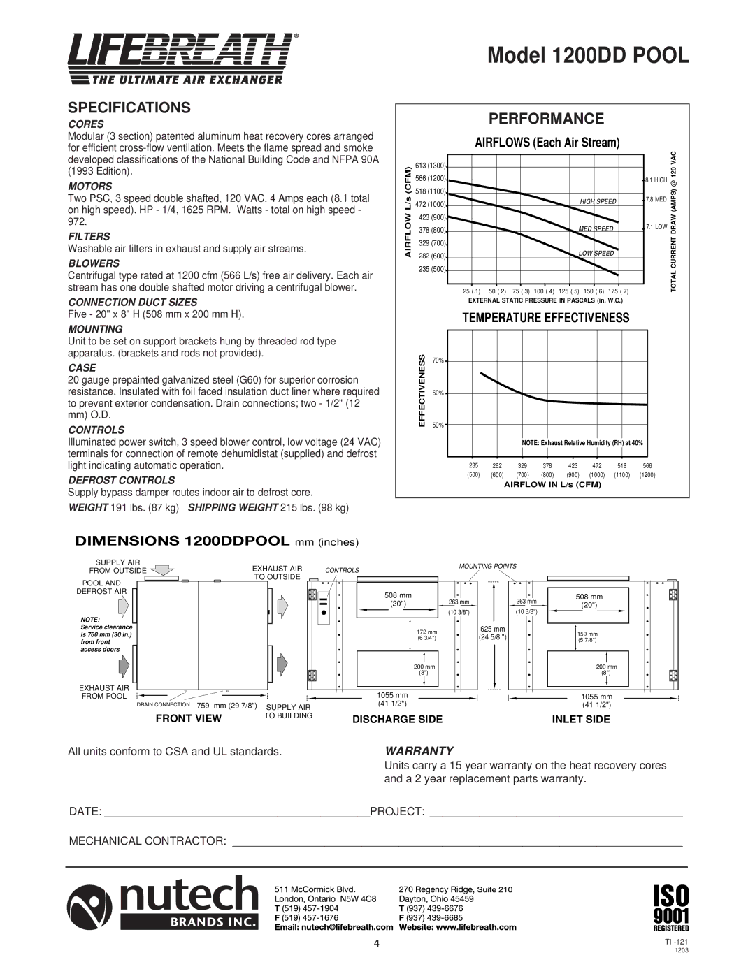 Lifebreath 1000RHCAC, 1200DDPOOL, 700DDPOOL installation manual Model 1200DD Pool, Specifications 