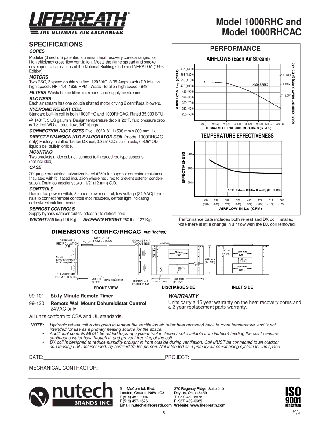 Lifebreath 1200DDPOOL, 700DDPOOL installation manual Model 1000RHC Model 1000RHCAC, Hydronic Reheat Coil 