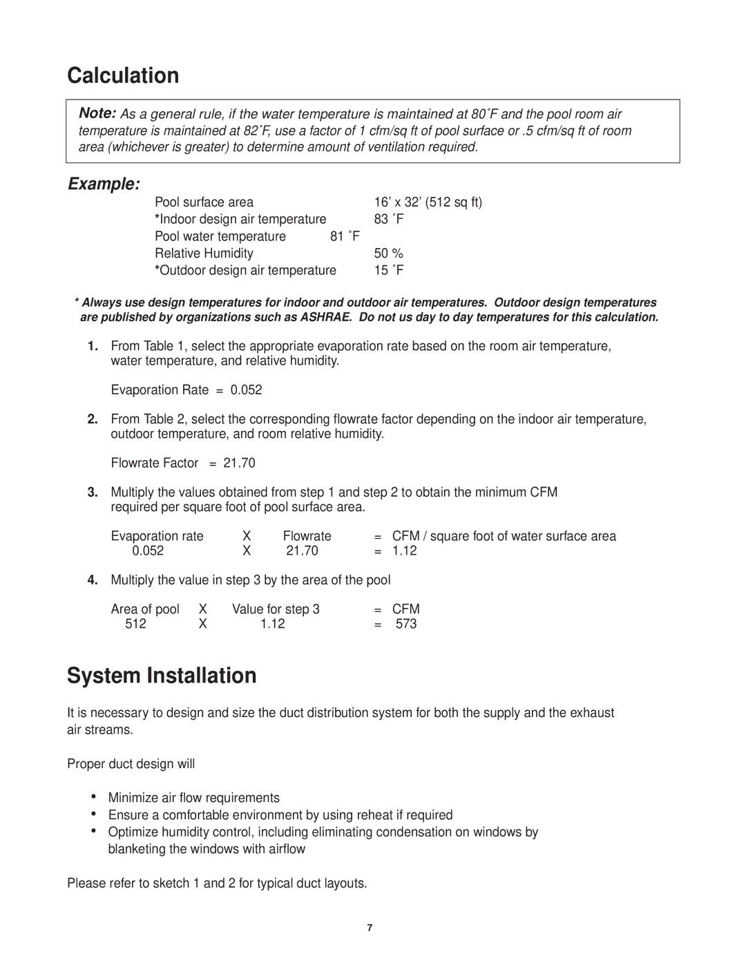 Lifebreath 1000RHCAC, 1200DDPOOL, 700DDPOOL installation manual Calculation, System Installation 