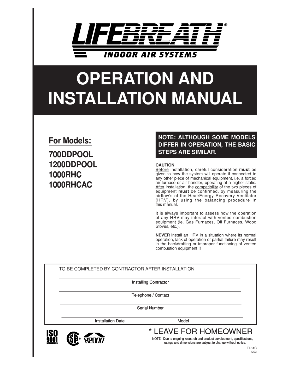 Lifebreath installation manual For Models 700DDPOOL 1200DDPOOL 1000RHC 1000RHCAC, Operation And Installation Manual 