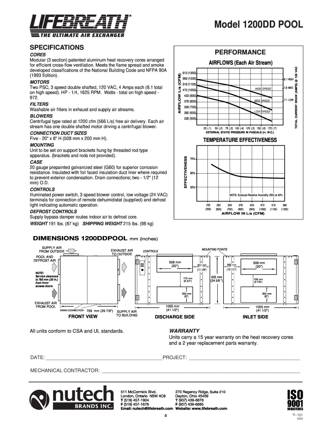 Lifebreath 1000RHCAC, 700DDPOOL Model 1200DD POOL, Specifications, Performance, DIMENSIONS 1200DDPOOL mm inches, Warranty 