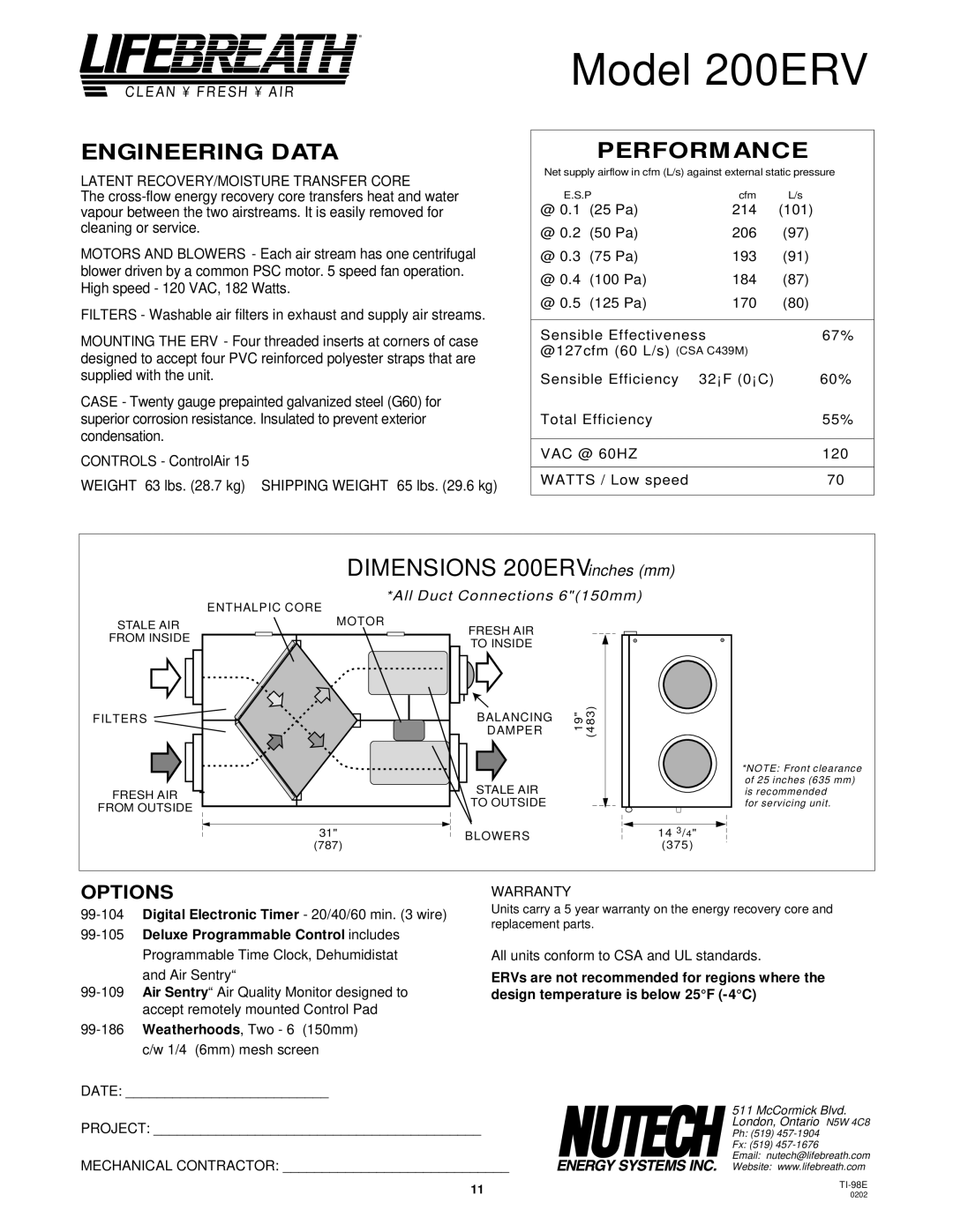 Lifebreath MAXTOP, 200MAX, 95MAX, 155MAX, 300DCS, 195DCS, 200ERVD installation manual Model 200ERV, Dimensions 200ERV inches mm 