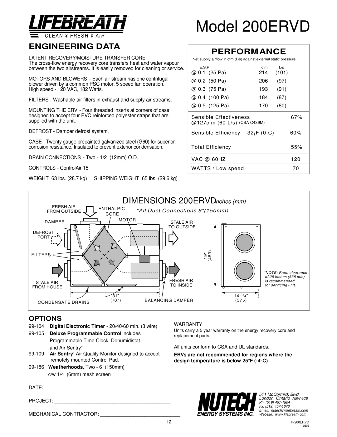 Lifebreath 200MAX, 95MAX, 155MAX, MAXTOP, 300DCS, 195DCS installation manual Model 200ERVD, Dimensions 200ERVD 