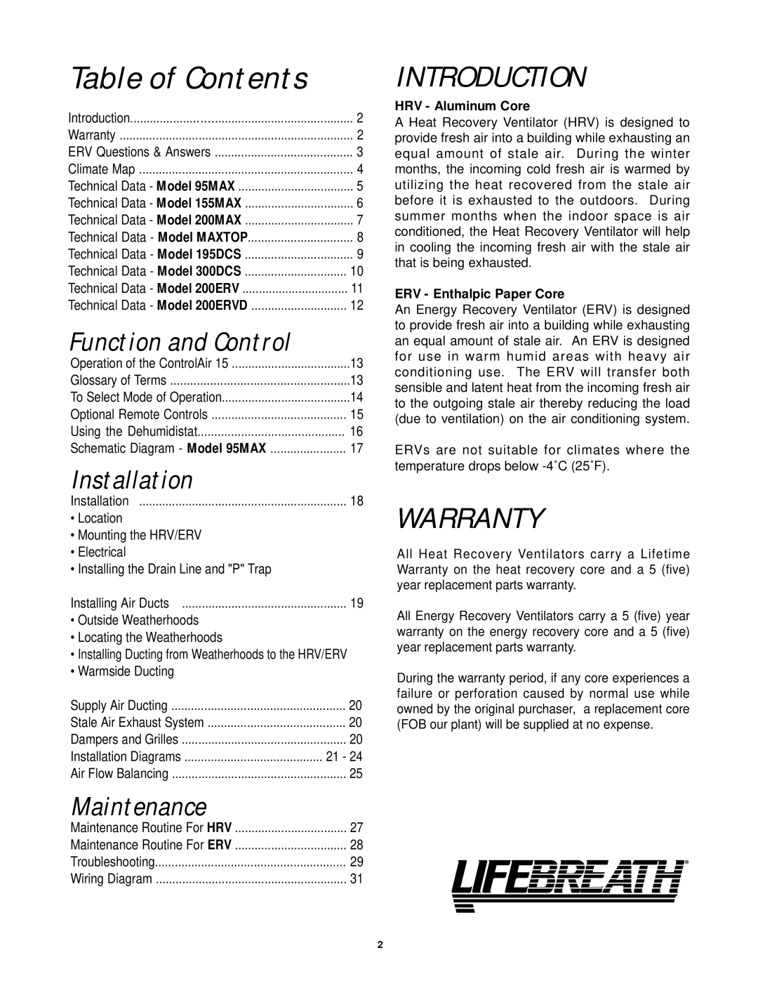 Lifebreath 155MAX, 200MAX, 95MAX, MAXTOP, 300DCS, 195DCS, 200ERVD installation manual Table of Contents 