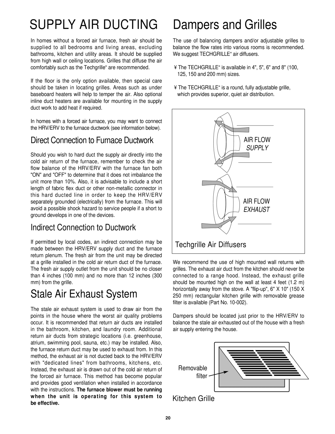 Lifebreath 200MAX, 95MAX, 155MAX, MAXTOP, 300DCS, 195DCS, 200ERVD installation manual Supply AIR Ducting, Dampers and Grilles 