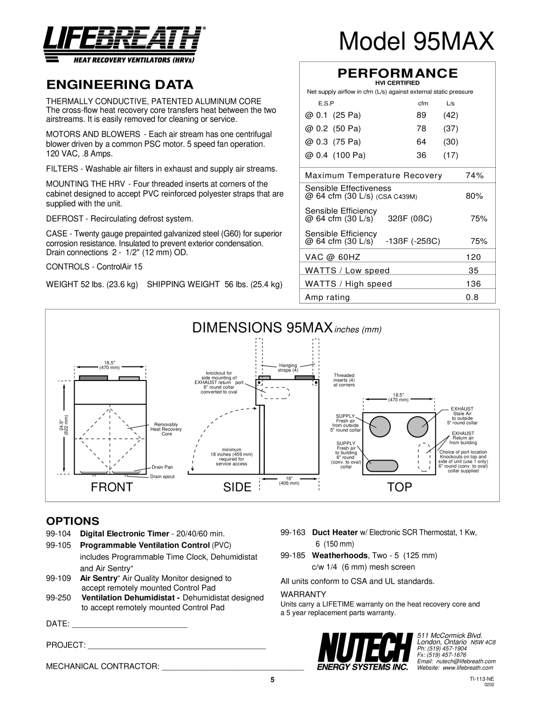 Lifebreath 300DCS, 200MAX, 155MAX, MAXTOP, 195DCS, 200ERVD installation manual Model 95MAX, Engineering Data 