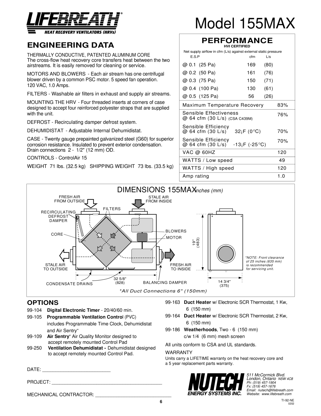 Lifebreath 195DCS, 200MAX, 95MAX, MAXTOP, 300DCS, 200ERVD installation manual Model 155MAX, Dimensions 155MAX inches mm 