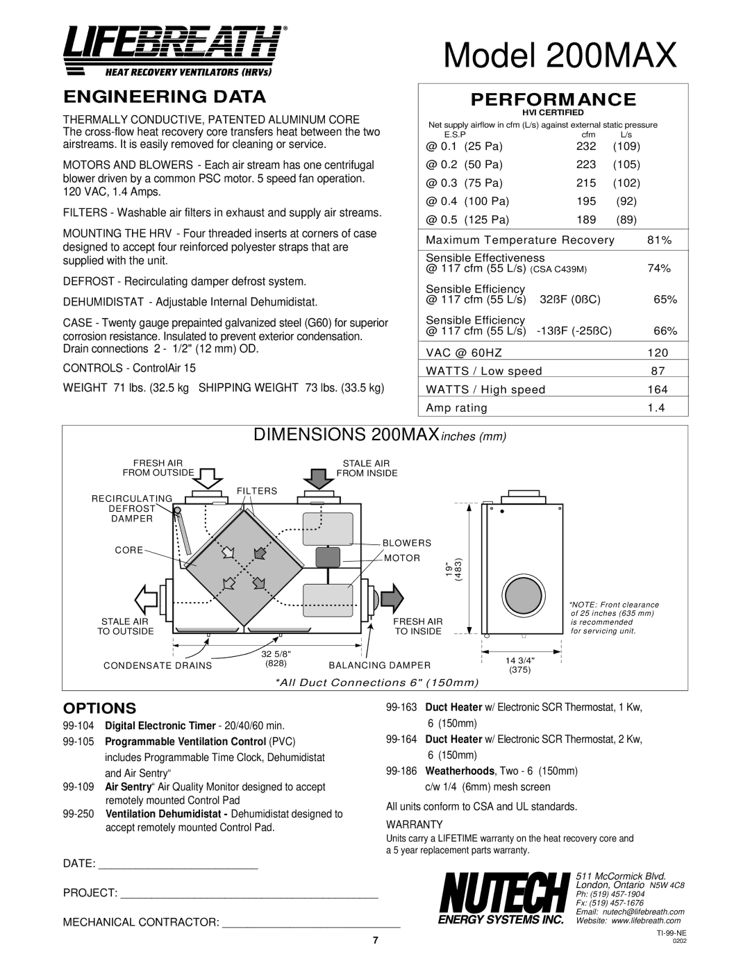 Lifebreath 200ERVD, 95MAX, 155MAX, MAXTOP, 300DCS, 195DCS installation manual Model 200MAX, Dimensions 200MAX inches mm 