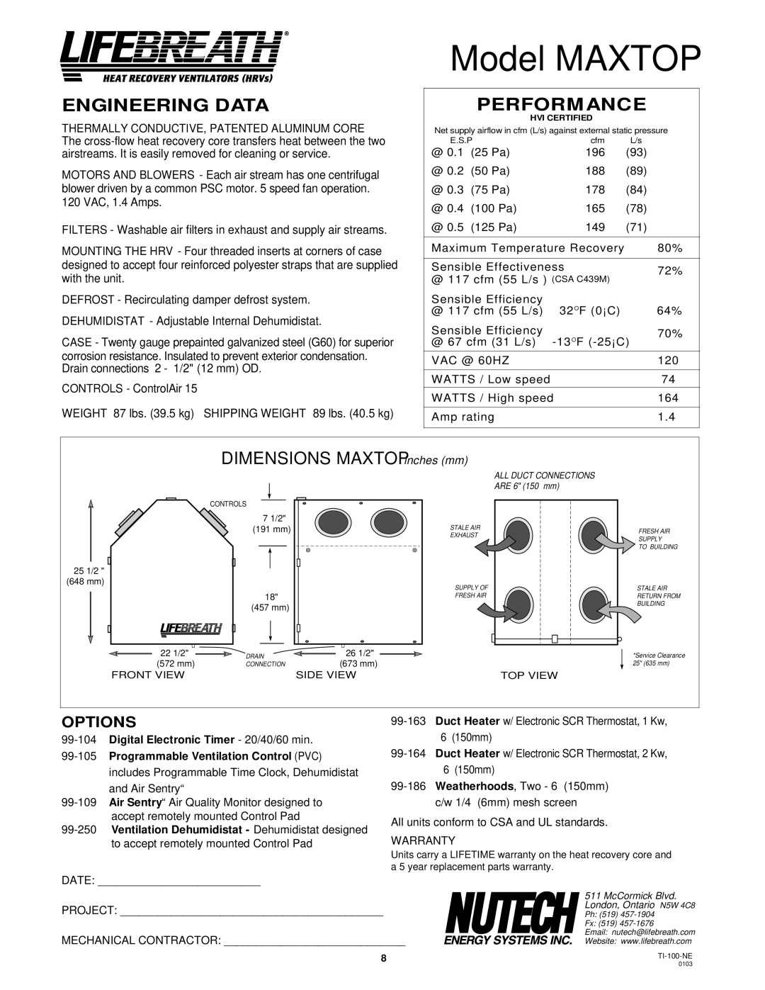 Lifebreath 200MAX, 95MAX, 155MAX, MAXTOP, 300DCS, 195DCS, 200ERVD Model Maxtop, Dimensions Maxtop inches mm 