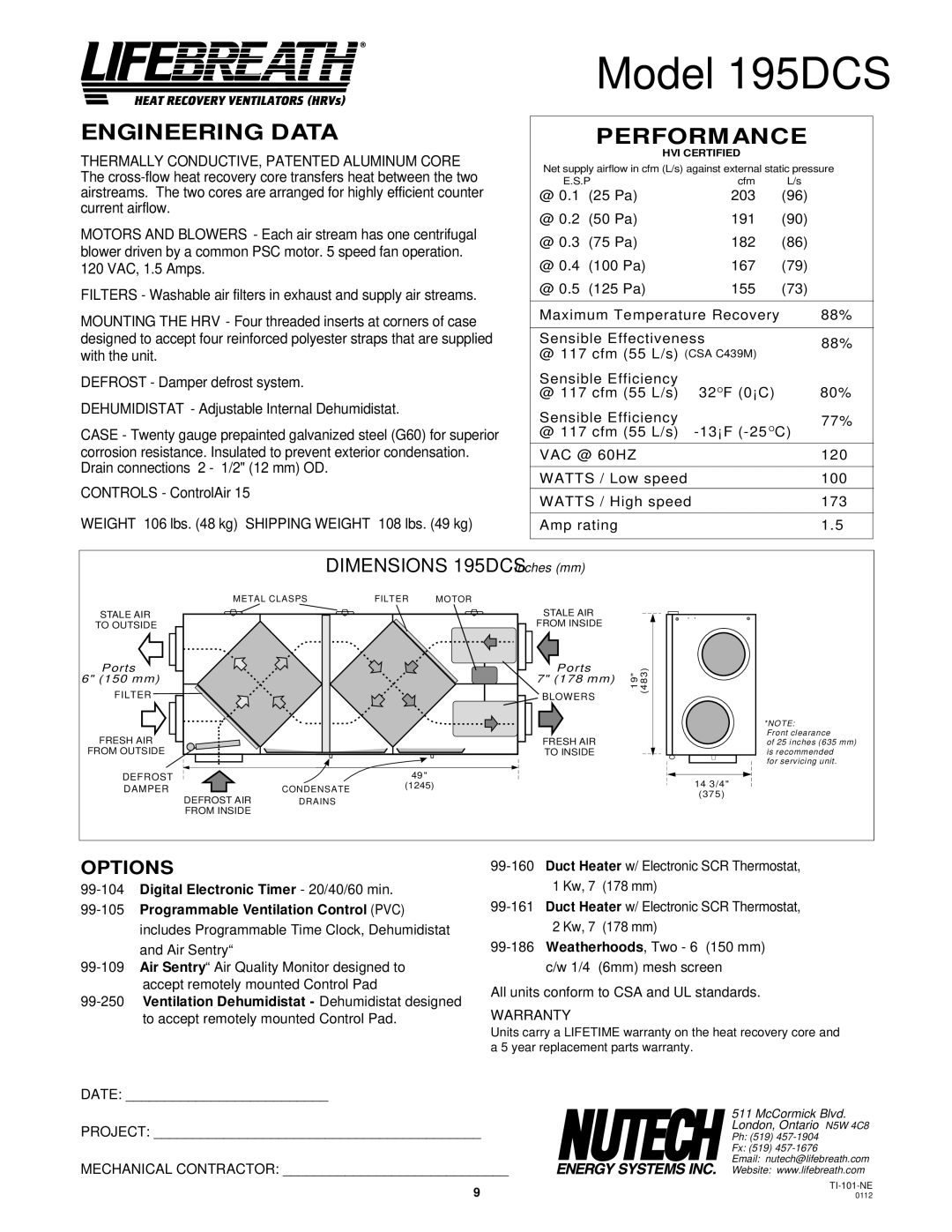 Lifebreath 95MAX, 200MAX, 155MAX, MAXTOP, 300DCS, 200ERVD installation manual Model 195DCS, Dimensions 195DCS 