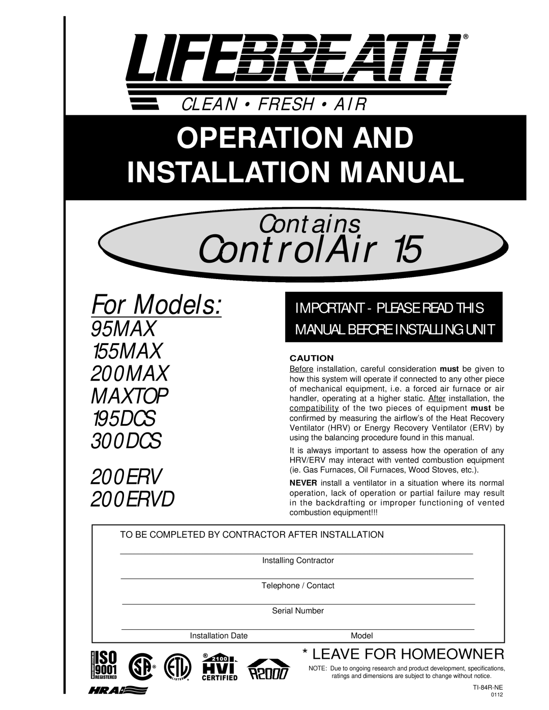 Lifebreath 95MAX, 200MAX, 155MAX installation manual Contains, 200ERVD 