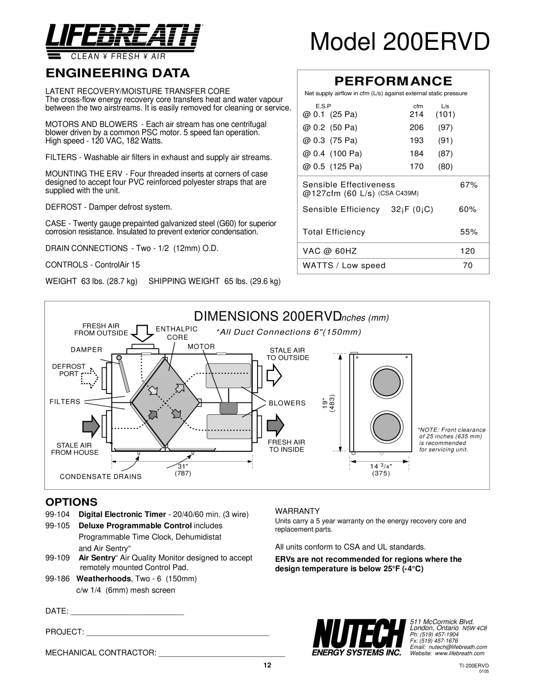 Lifebreath 200MAX, 95MAX, 155MAX installation manual Model 200ERVD, Dimensions 200ERVD 