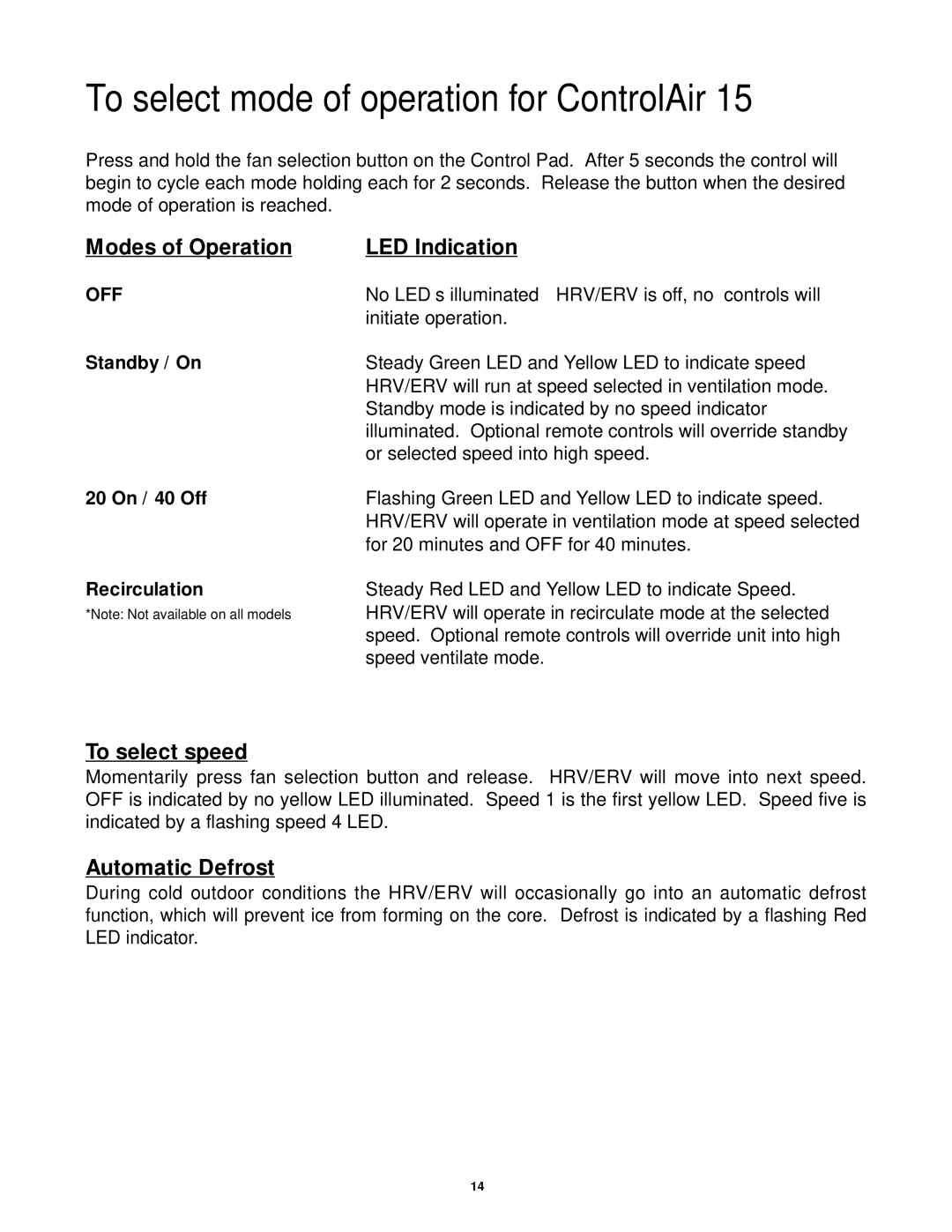 Lifebreath 155MAX, 200MAX, 95MAX installation manual To select mode of operation for ControlAir 