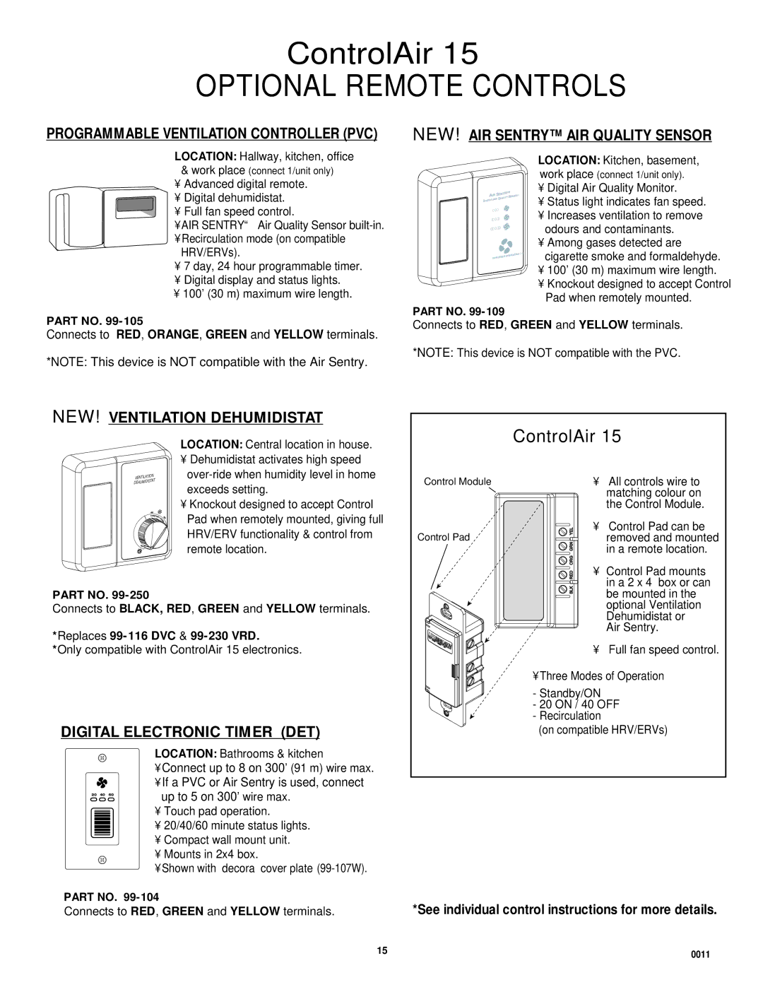 Lifebreath 200MAX, 95MAX, 155MAX installation manual Optional Remote Controls, NEW! AIR Sentry AIR Quality Sensor 