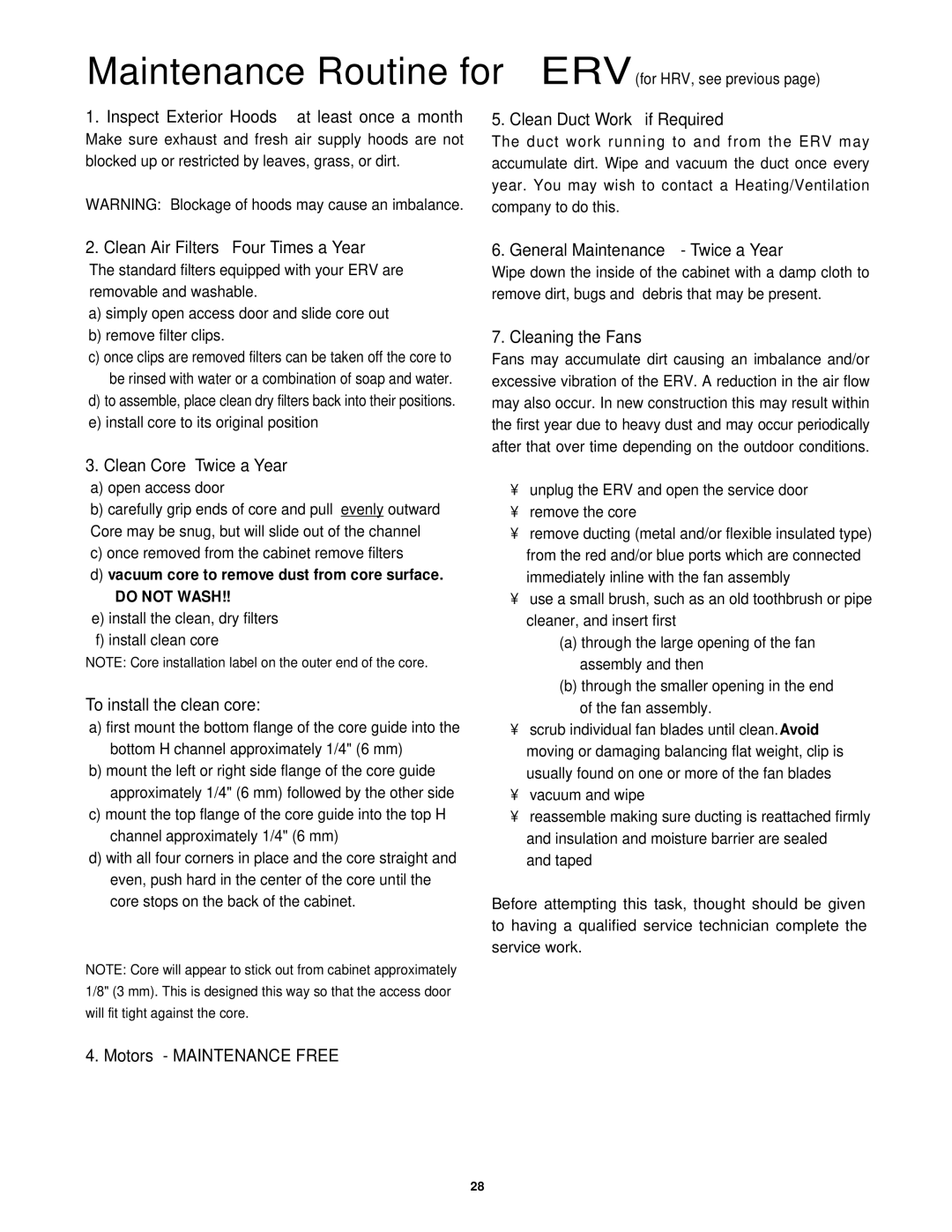 Lifebreath 95MAX, 200MAX, 155MAX installation manual Maintenance Routine for ERV for HRV, see previous 