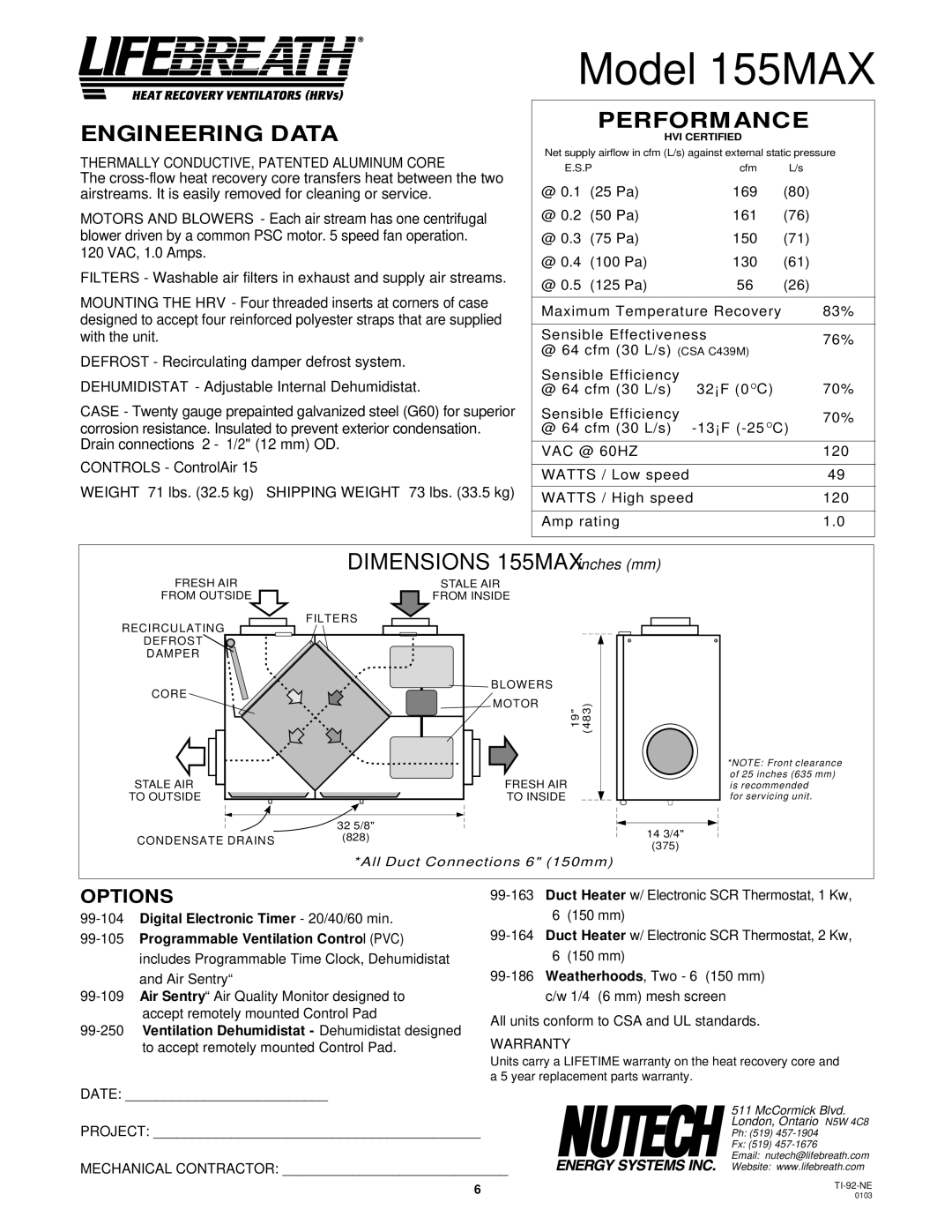 Lifebreath 200MAX, 95MAX installation manual Model 155MAX, Dimensions 155MAX inches mm 