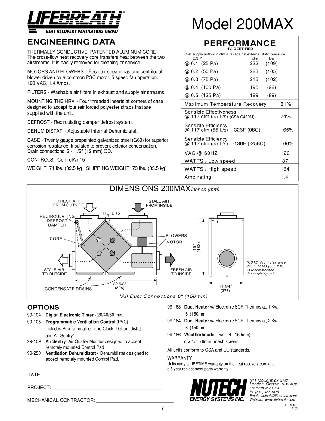 Lifebreath 95MAX, 155MAX installation manual Model 200MAX, Dimensions 200MAX inches mm 