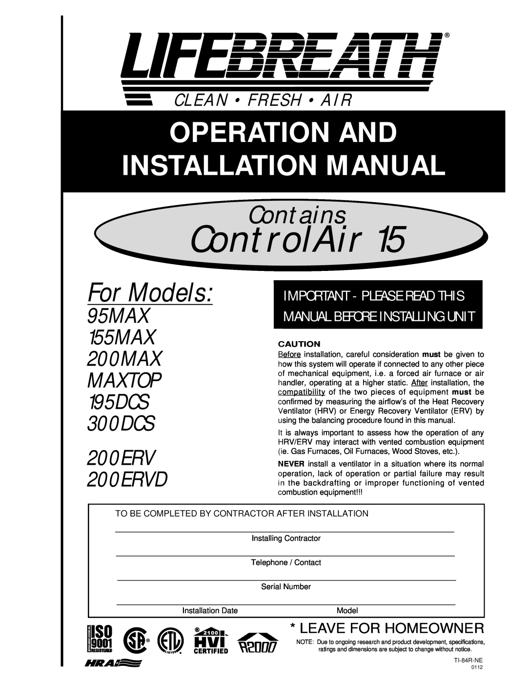 Lifebreath installation manual For Models, Contains, 95MAX 155MAX 200MAX, 200ERV 200ERVD, MAXTOP 195DCS 300DCS 