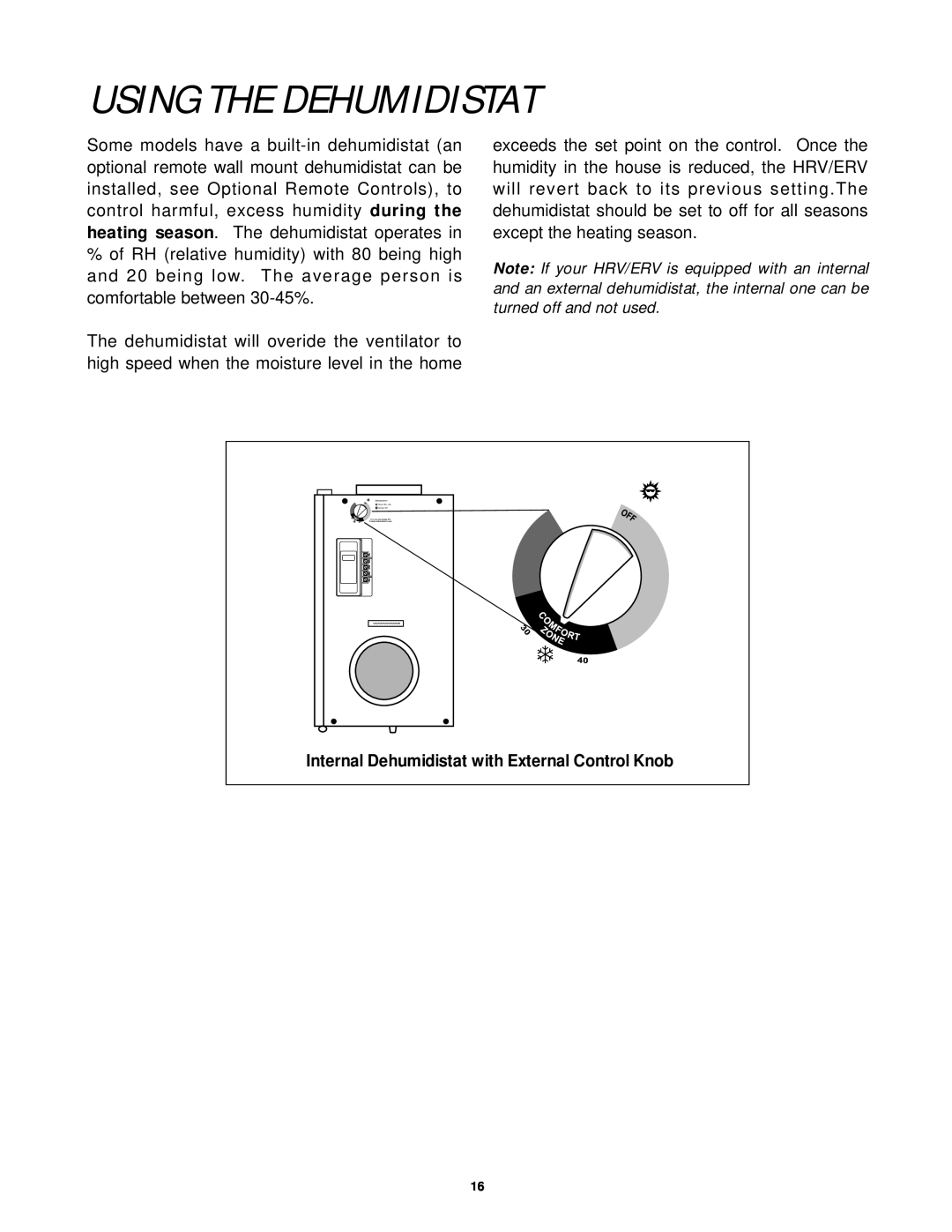 Lifebreath 95MAX, 200MAX, 155MAX installation manual Using The Dehumidistat, Internal Dehumidistat with External Control Knob 