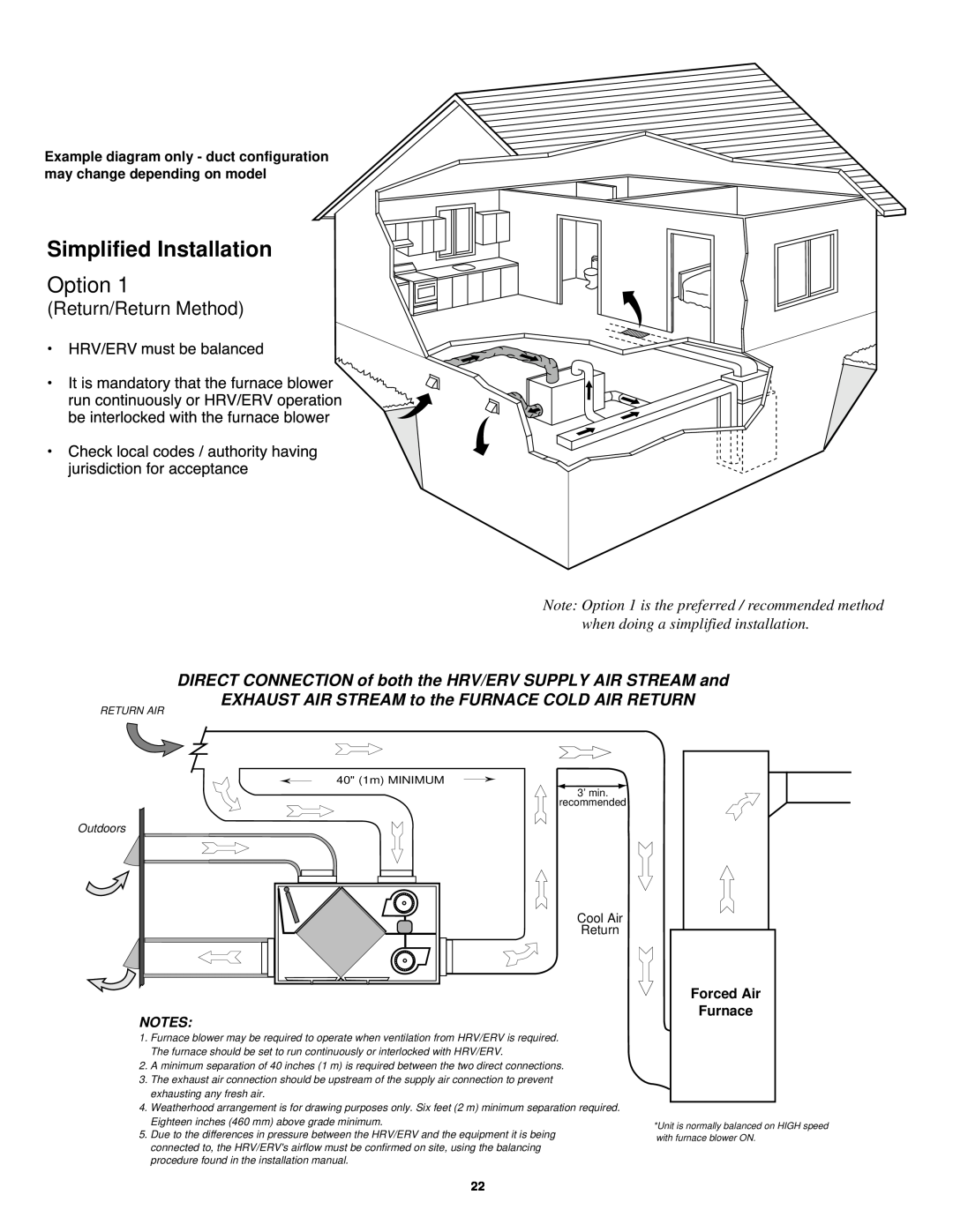 Lifebreath 95MAX Simplified Installation, Option, EXHAUST AIR STREAM to the FURNACE COLD AIR RETURN, Forced Air Furnace 