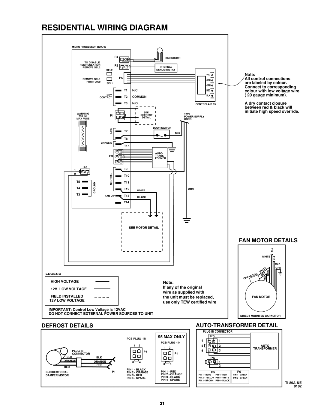 Lifebreath 95MAX, 200MAX, 155MAX Residential Wiring Diagram, Fan Motor Details, Defrost Details, Auto-Transformerdetail 
